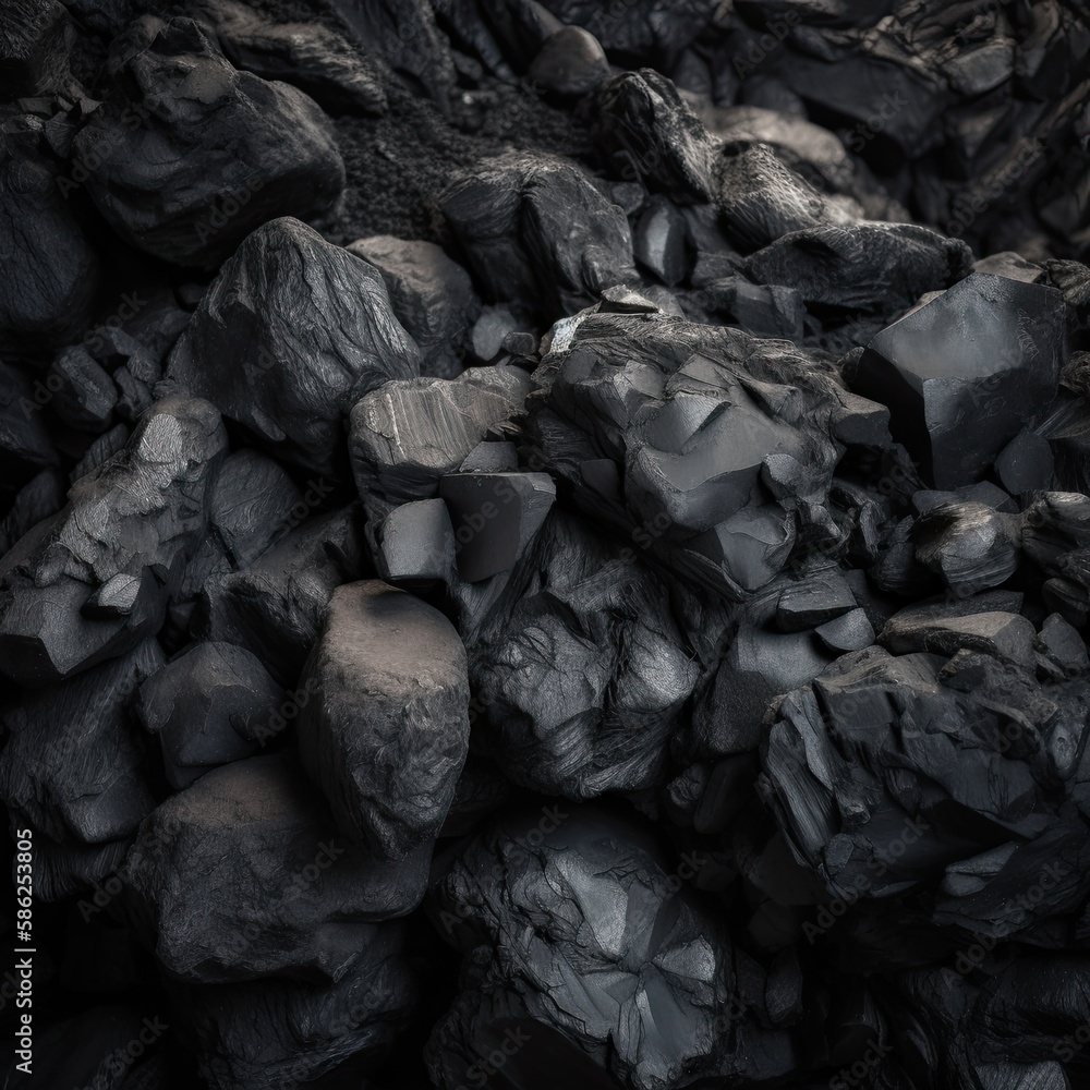 Black Coal on Dark Rough Textured Background - Abstract Mineral Rock Stone Pattern for Industry and Fuel Fossil Material: Generative AI