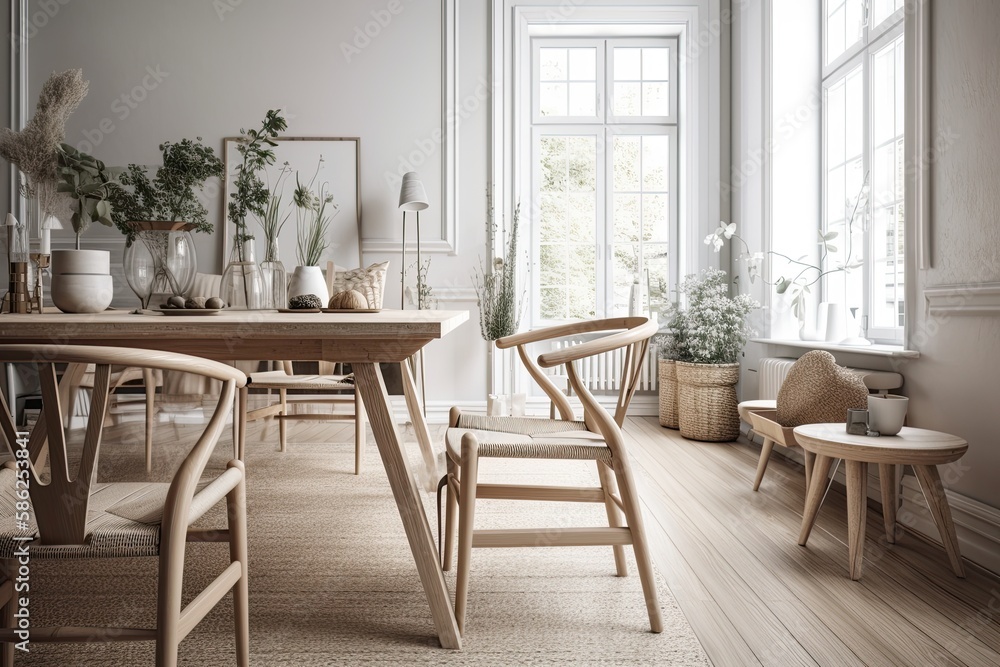Modern Scandinavian Boho Dining Room - White Wooden Interior Design Concept for Indoors: Generative AI