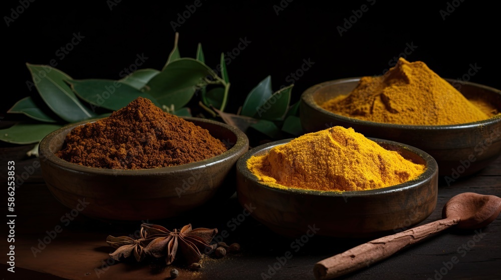 Healthy Epicurean Cooking: Spices, Curry Powder, Turmeric, Ginger, and Bay Leaf Foods: Generative AI