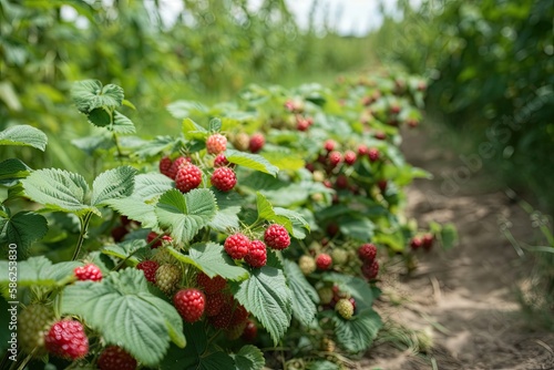 Expanding Fields of Delicious Antioxidant Rich Raspberries: Cultivating Delicate Foliage & Appetising Berries with Aromatic Appeal. Generative AI