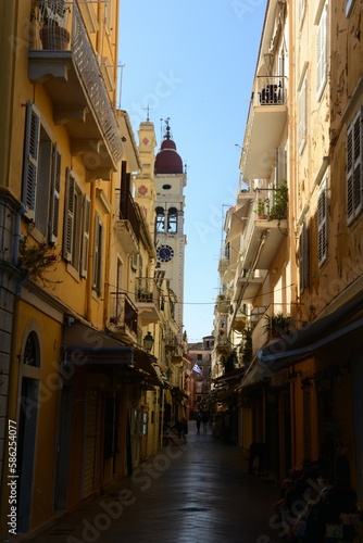 Corfu town, Corfu island, Greece- The narrow streets of the old town in Spring.