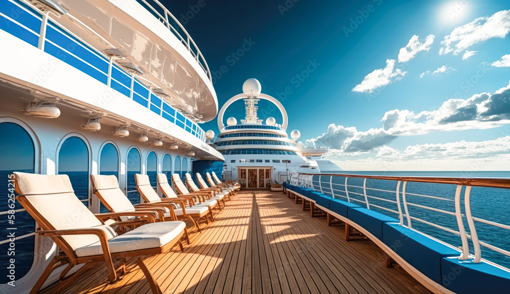 The expansive and pristine deck of a cruise ship, with rows of lounge chairs under a bright blue sky - Generative AI - obrazy, fototapety, plakaty 