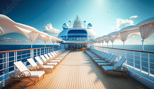 The expansive and pristine deck of a cruise ship, with rows of lounge chairs under a bright blue sky - Generative AI