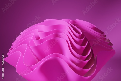 Magenta fabric layers floating against purple background. Soft, elegant abstract 3D render