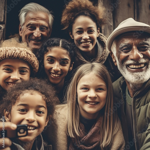 Family, happy portrait and diversity selfie or smile with children, parents and grandparents bonding. Senior men, women and kid face group for ai generated care with love and happiness on holiday