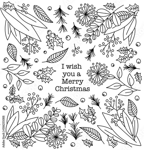 Doodle flowers for christmas. Coloring book for children. Vector illustrations are isolated on a white background.