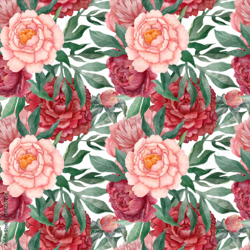 A watercolor seamless pattern of red peonies with leaves and flowers.