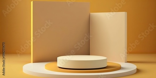 Empty podium  mock up placement display  blank beauty stand for cosmetic product fashion ads on minimal orange background. Luxury pedestal stage mockup scene platform ai generative concept.