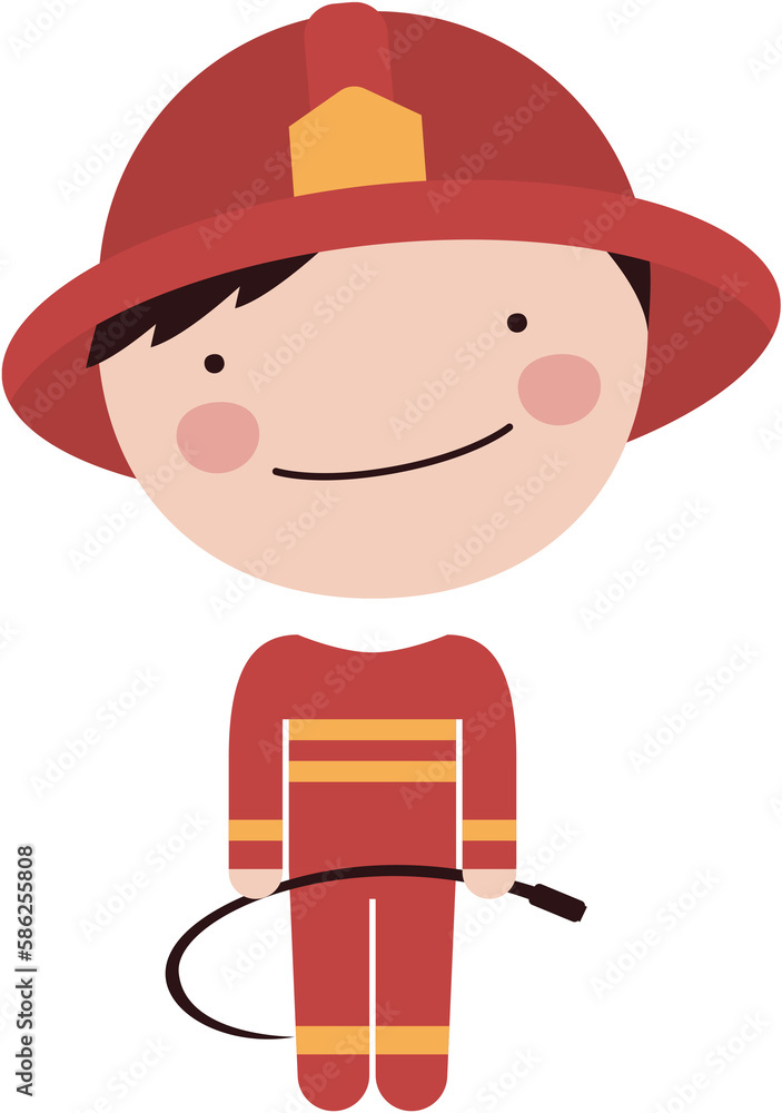 Bombero voluntario con traje rojo casco y manguera Bombero voluntario con traje rojo casco y manguera