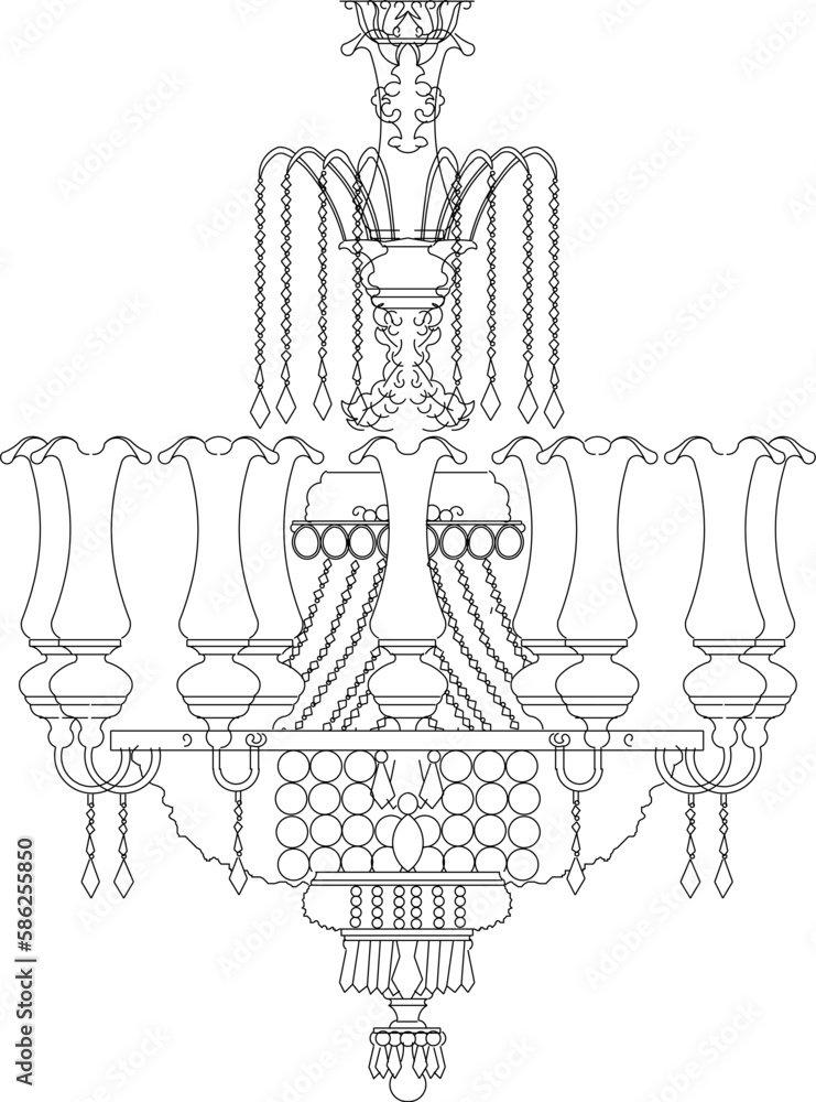 Vector sketch of a classic hanging crystal chandelier
