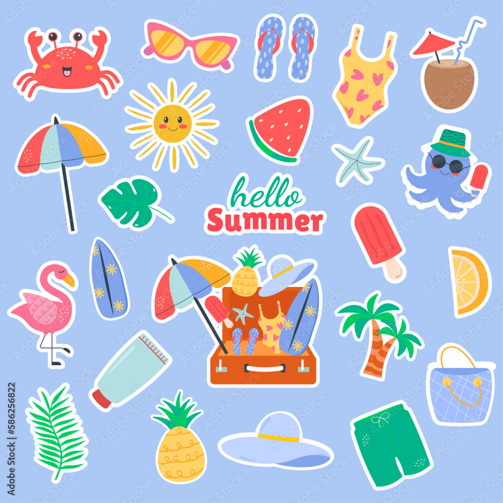 Summer set stickers cartoon kawaii elements cute flat doodle style