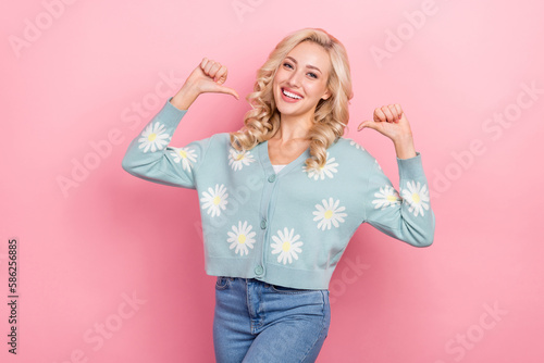 фотографія Portrait of positive nice lady beaming smile point fingers self herself isolated