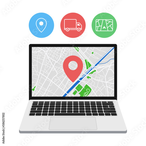 Online delivery service with laptop and gps pin location. Vector.