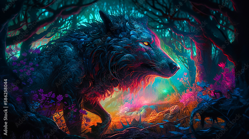 Magical Dark Fantasy - Fantasy Werewolf in the Enchanted Forest , Cursed Mythical Beast in The Wilderness Landscape. Generative AI.
