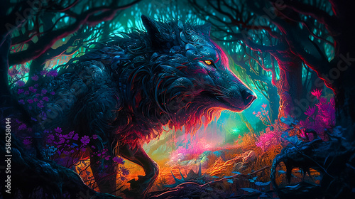 Magical Dark Fantasy - Fantasy Werewolf in the Enchanted Forest , Cursed Mythical Beast in The Wilderness Landscape. Generative AI. © Dipto AI Art Hub