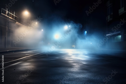 Industrial Showcase Concept: Dark Blue Background, Empty Street with Spotlight and Smoke Showing Product Overview, Generative AI