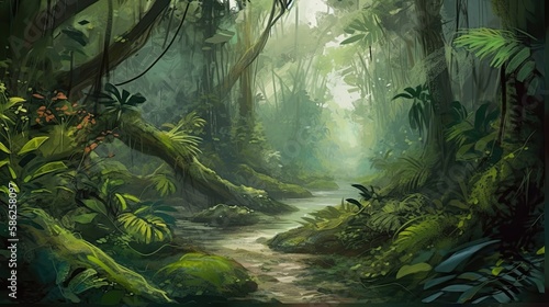 Fantasy Summer in the Tropical Rainforest: a Colorful River of Trees and Foliage Wall Art. Generative AI