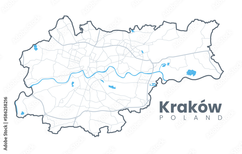 Urban Cracow map. Detailed map of Kraków (Cracovia), Poland. City poster with streets and Wisła (Vistula) River. Light stroke version. - obrazy, fototapety, plakaty 