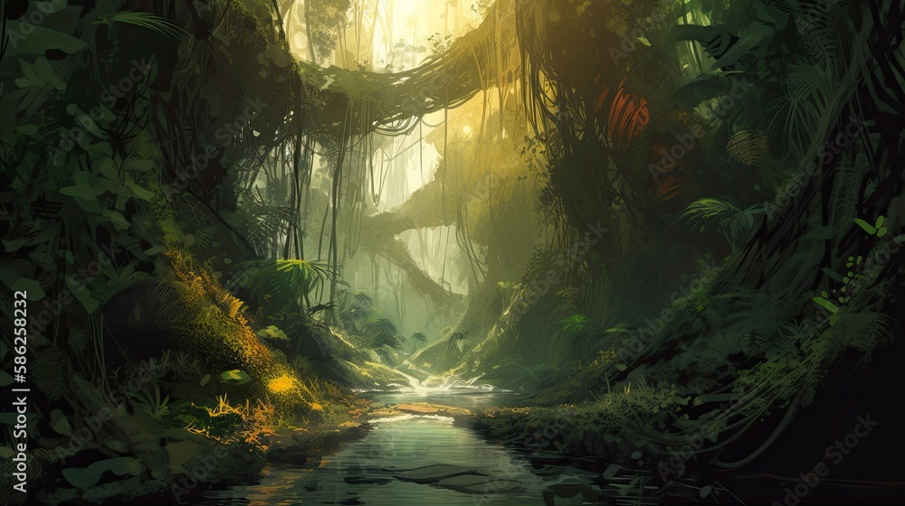 Surreal Fantasy Journey Through a Tropical Rainforest: Summer Foliage and Wild Trees in a Nature Painting Printable Wall Art: Generative AI