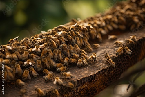 Tropical Gold Rush: Closeup of Thousands of Honey Bees at Work on a Macro Bee Honeycomb Farm: Generative AI