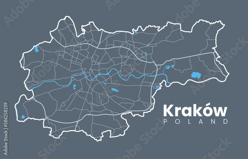 Urban Cracow map. Detailed map of Kraków (Cracovia), Poland. City poster with streets and Wisła (Vistula) River. Light stroke version on dark background.