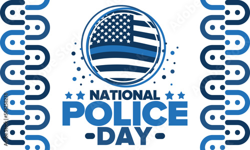 National Police Week in May. Celebrated annual in United States. In honor of the police hero. Police badge and patriotic elements. Officers Memorial Day. Poster, card, banner. Vector illustration