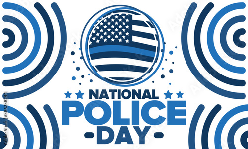 National Police Week in May. Celebrated annual in United States. In honor of the police hero. Police badge and patriotic elements. Officers Memorial Day. Poster, card, banner. Vector illustration