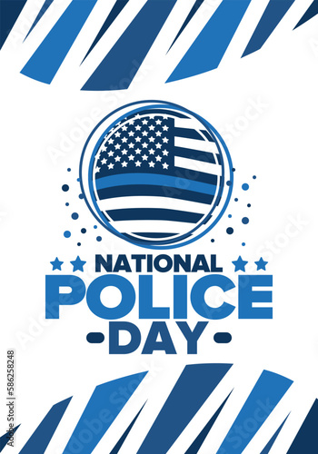 National Police Week in May. Celebrated annual in United States. In honor of the police hero. Police badge and patriotic elements. Officers Memorial Day. Poster, card, banner. Vector illustration