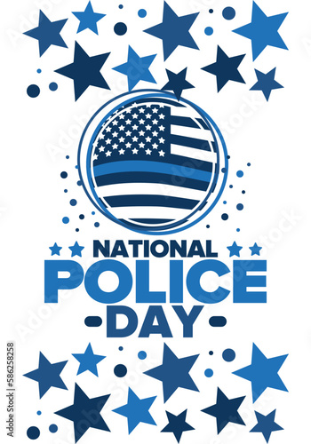 National Police Week in May. Celebrated annual in United States. In honor of the police hero. Police badge and patriotic elements. Officers Memorial Day. Poster, card, banner. Vector illustration
