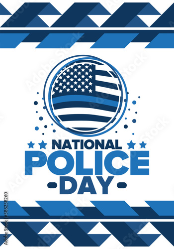 National Police Week in May. Celebrated annual in United States. In honor of the police hero. Police badge and patriotic elements. Officers Memorial Day. Poster, card, banner. Vector illustration