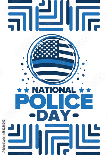 National Police Week in May. Celebrated annual in United States. In honor of the police hero. Police badge and patriotic elements. Officers Memorial Day. Poster, card, banner. Vector illustration