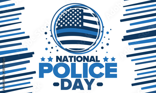 National Police Week in May. Celebrated annual in United States. In honor of the police hero. Police badge and patriotic elements. Officers Memorial Day. Poster, card, banner. Vector illustration