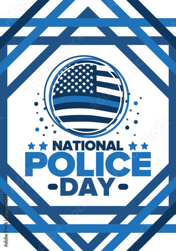 National Police Week in May. Celebrated annual in United States. In honor of the police hero. Police badge and patriotic elements. Officers Memorial Day. Poster, card, banner. Vector illustration