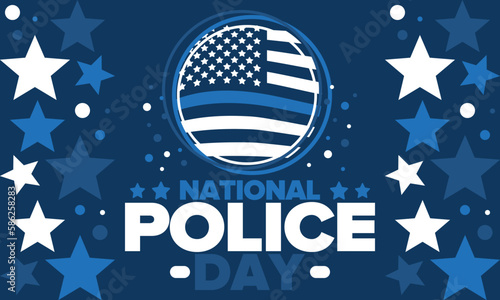 National Police Week in May. Celebrated annual in United States. In honor of the police hero. Police badge and patriotic elements. Officers Memorial Day. Poster, card, banner. Vector illustration