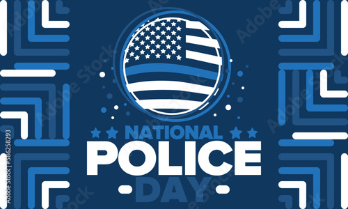 National Police Week in May. Celebrated annual in United States. In honor of the police hero. Police badge and patriotic elements. Officers Memorial Day. Poster, card, banner. Vector illustration