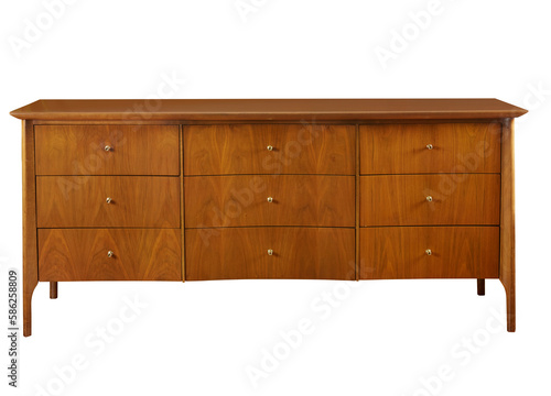 Mid-century modern wooden dresser. Vintage furniture with no background. 