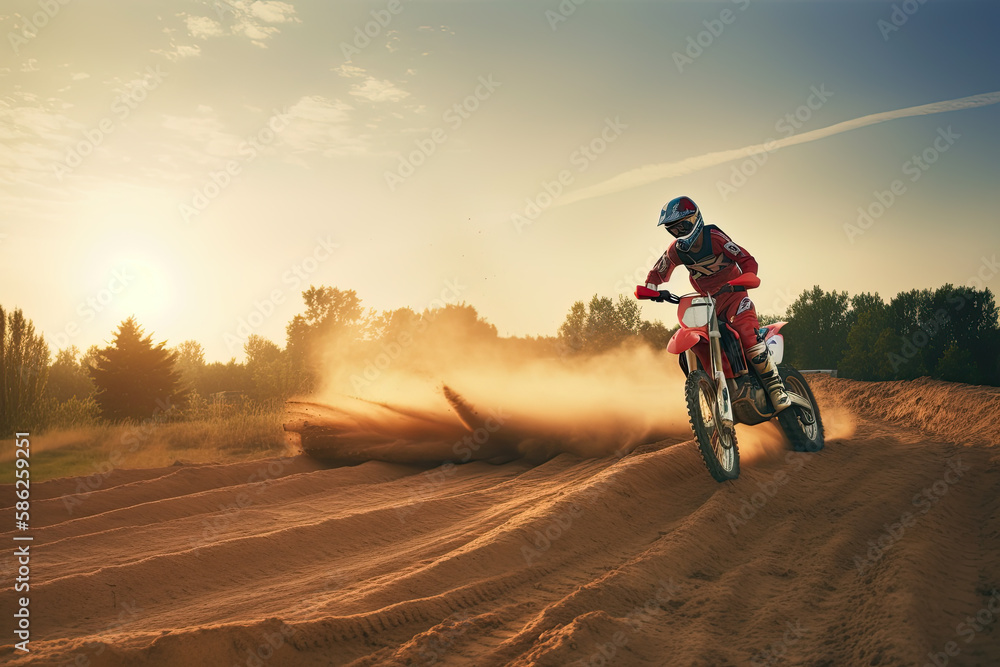 Motocross mounted motorcyclist doing a race on a dirt track. Ai generative Motocross mounted motorcyclist doing a race on a dirt track. Ai generative