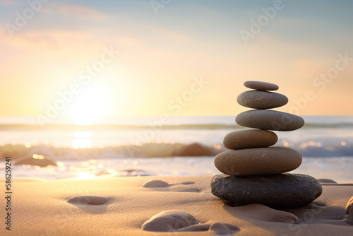 Zen stones balanced on the beach with copy space. Sunrise light. Meditation and relaxation. Ai generative 
