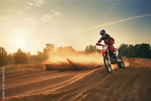 Motocross mounted motorcyclist doing a race on a dirt track. Ai generative © chandlervid85