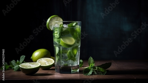 Close-up of Mojito cocktail on dark background with blank copy space for text. Generative ai and digital editing.