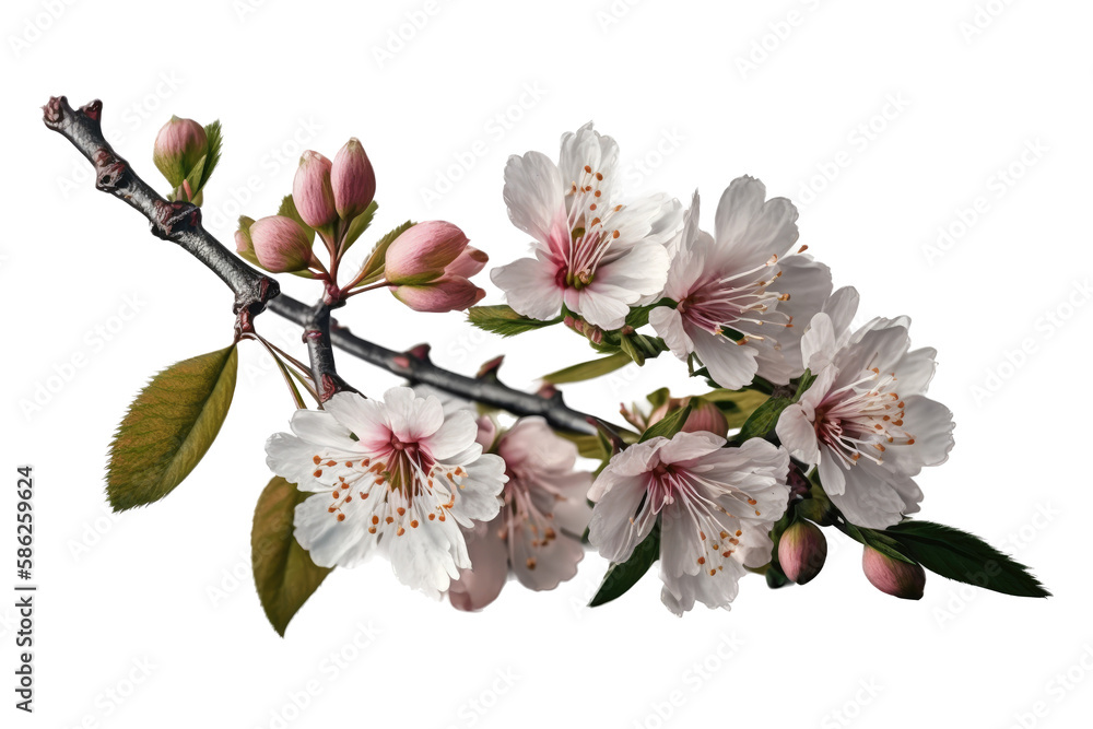 Obraz premium a spring-themed illustration featuring isolated pretty pink, and white cherry blossom flowers on a cherry tree branch, set on a transparent background and provided in PNG. Generative AI