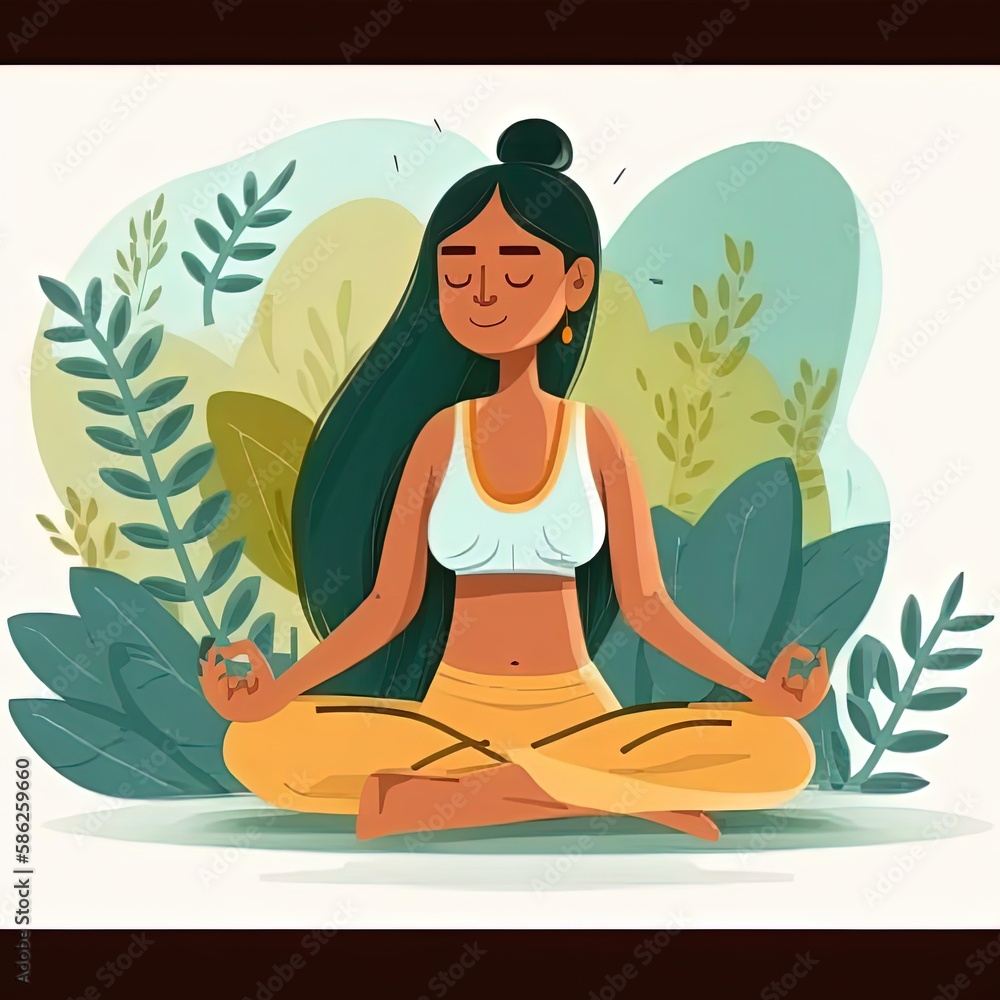 beautiful cartoon Indian  girl in yoga lotus pose, meditating and relaxing. Yoga practice in the park.ai generative