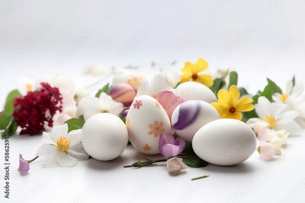 Easter eggs on the table with flowers, white backgrounf.