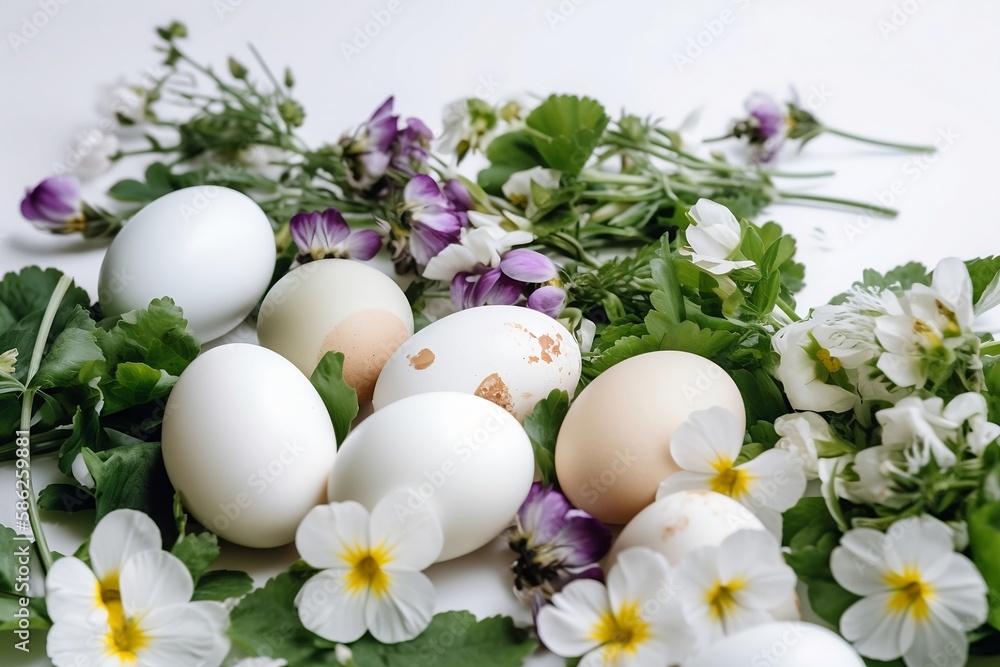 Easter composition with Easter eggs and spring flowers on white background. Easter decoration