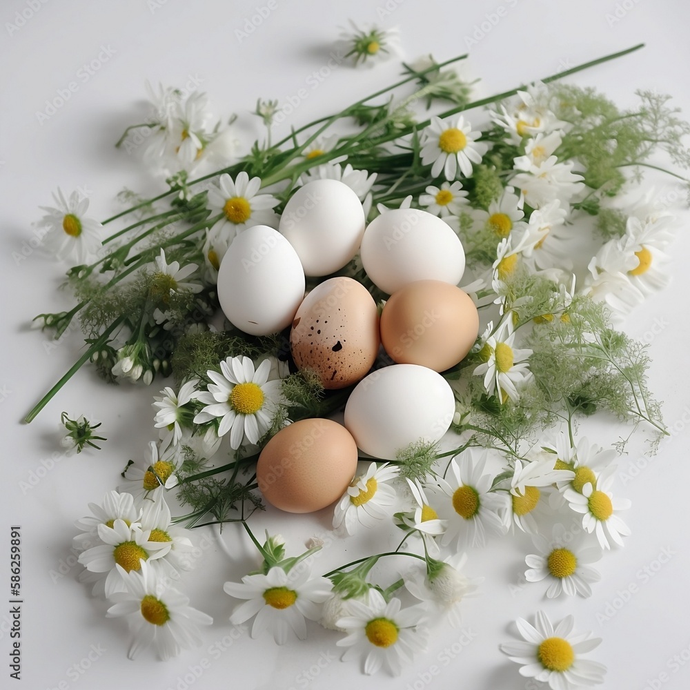Easter eggs and daisies on a white background