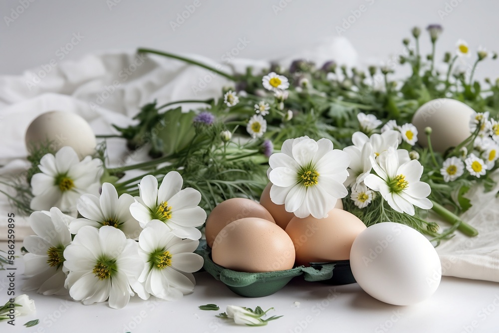 
Natural colored easter eggs and daisies on a table