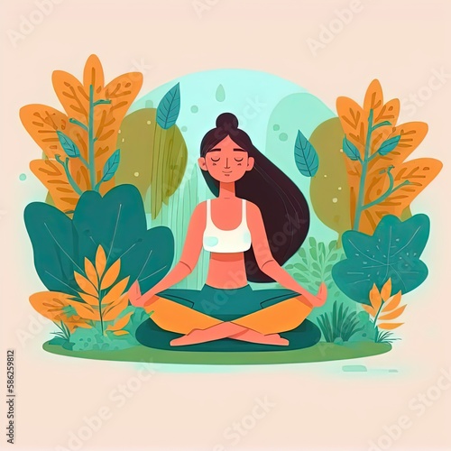 Wallpaper Mural beautiful cartoon Indian  girl in yoga lotus pose, meditating and relaxing. Yoga practice in the park.ai generative Torontodigital.ca