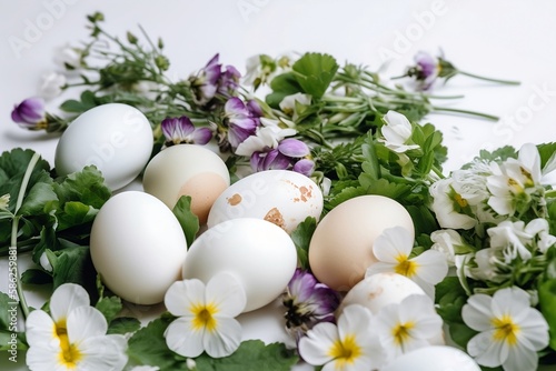 Easter composition with Easter eggs and spring flowers on white background. Easter decoration