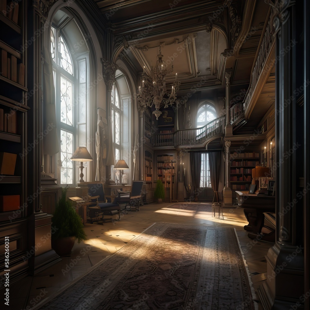 Ancient stately home interior with a beautiful library and club sofas, generative AI