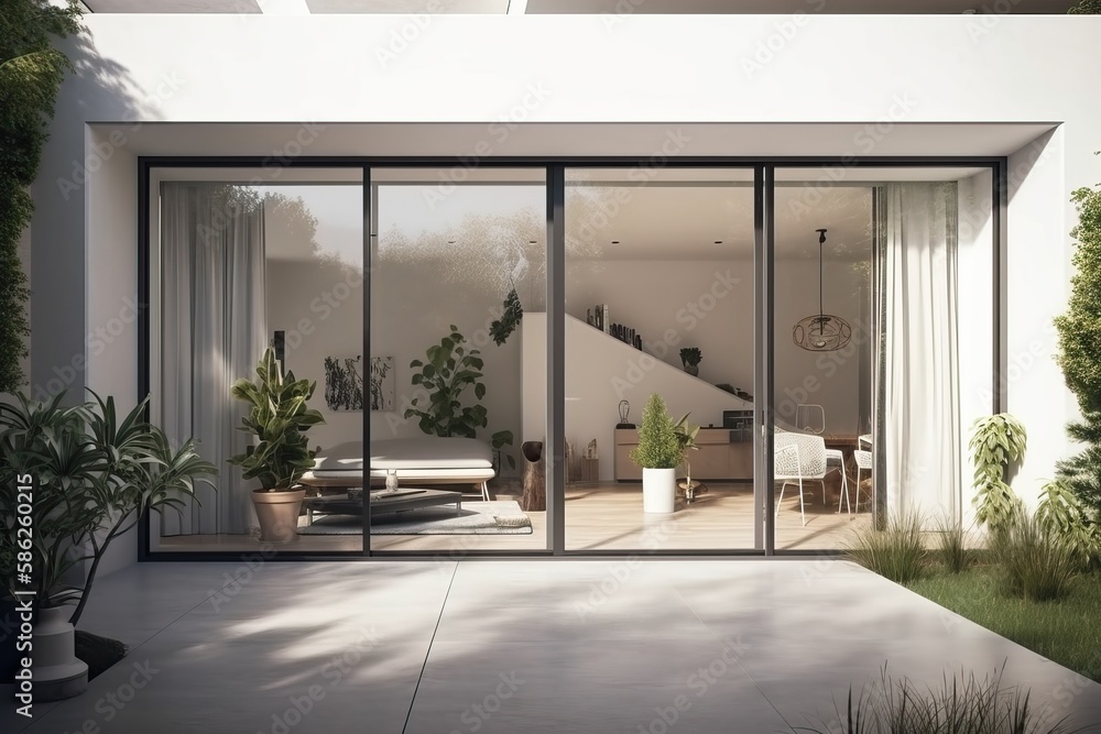 Modern house with sliding doors to the garden, generative ai